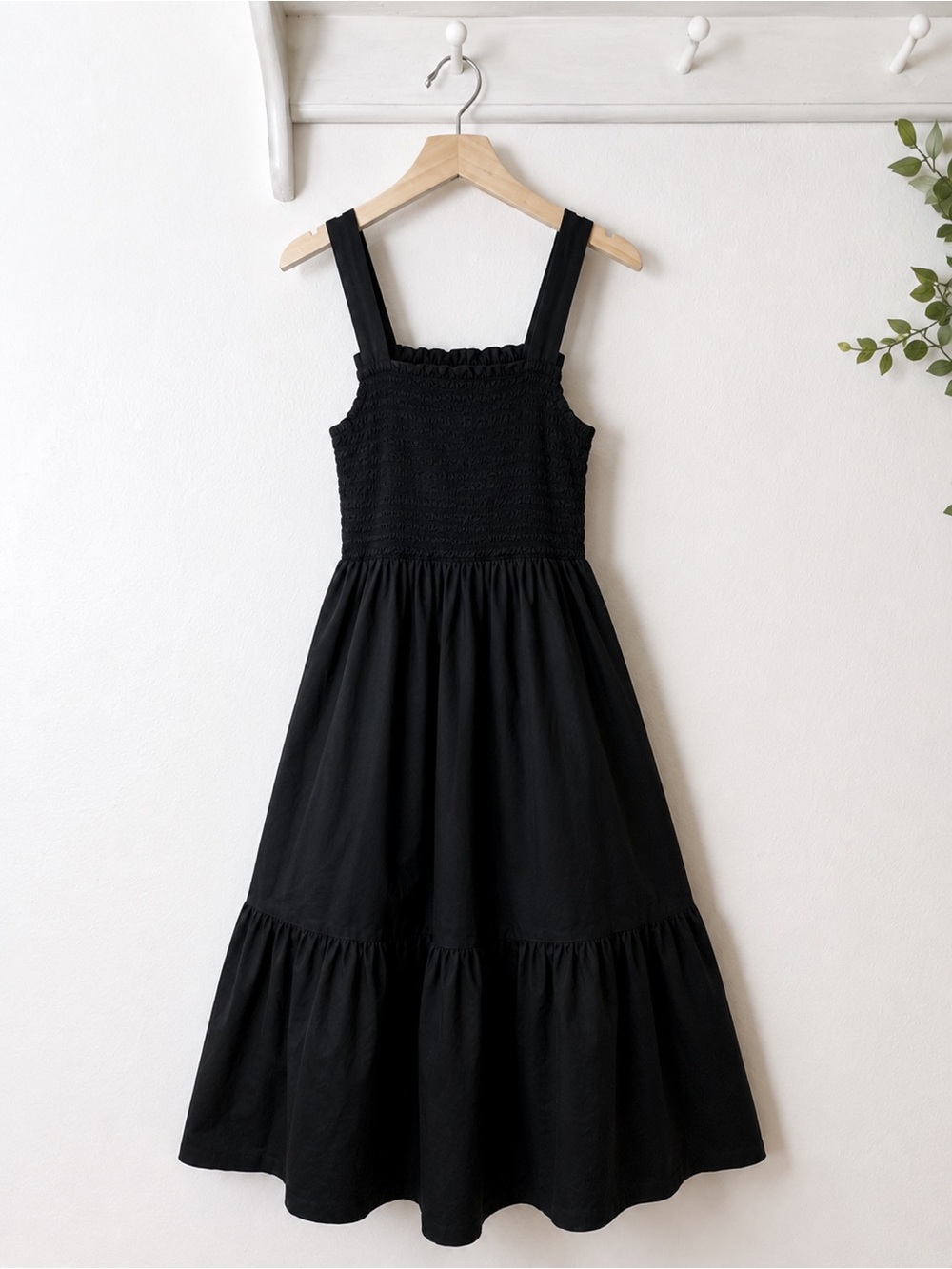 Everlane Black Smocked Cotton Midi Dress Square Neck Tiered Sundress Size 0